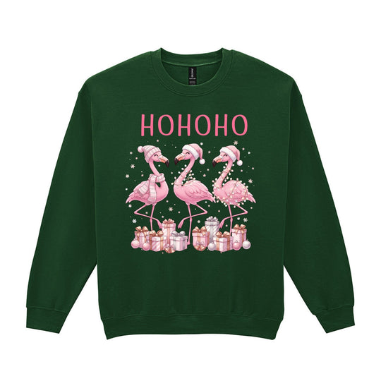 Forest green Christmas flamingo sweatshirt featuring three pink flamingos and festive gifts