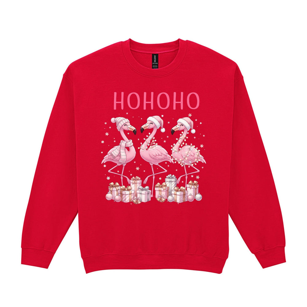 Red Ho Ho Ho Christmas sweatshirt featuring three pink flamingos wearing festive hats with wrapped gifts