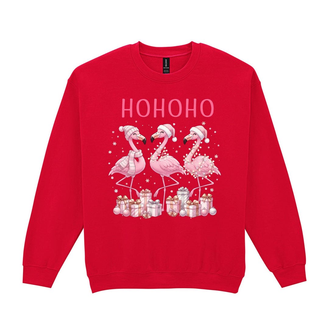 Red Ho Ho Ho Christmas sweatshirt featuring three pink flamingos wearing festive hats with wrapped gifts