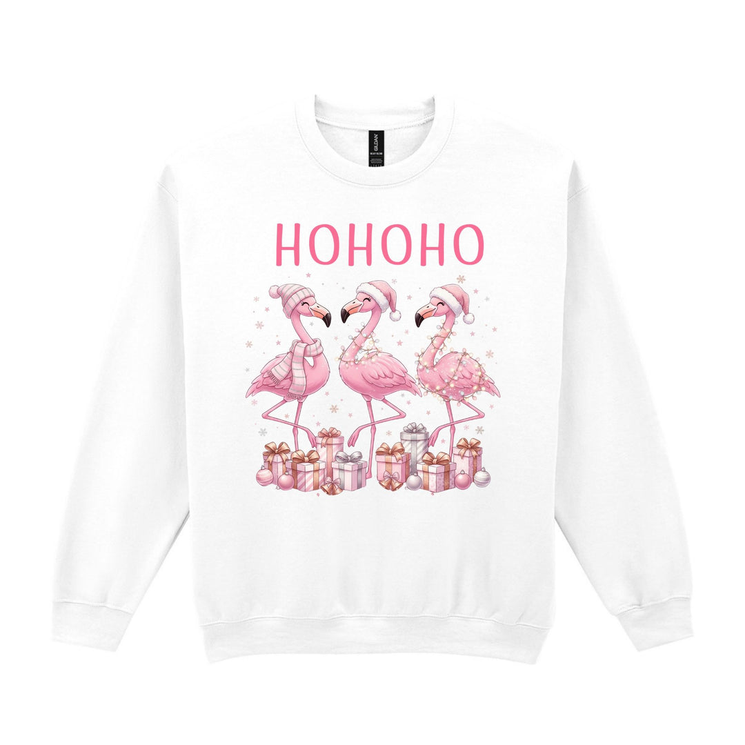 White Christmas sweatshirt with pink HOHOHO lettering and three festive pink flamingos