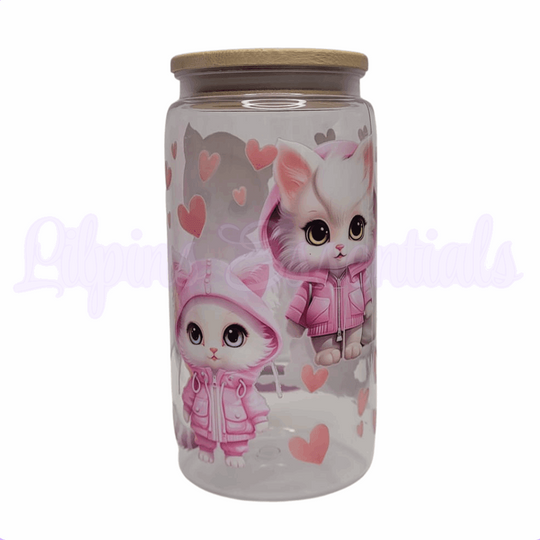 Pink Hoodie Kittens 16oz reusable cold cup with straw