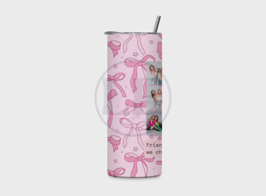 Personalised Best Friend 9 Photo 20oz Tumbler featuring a friendship photo collage in Pink Bows and Pink Teddy Bears designs.