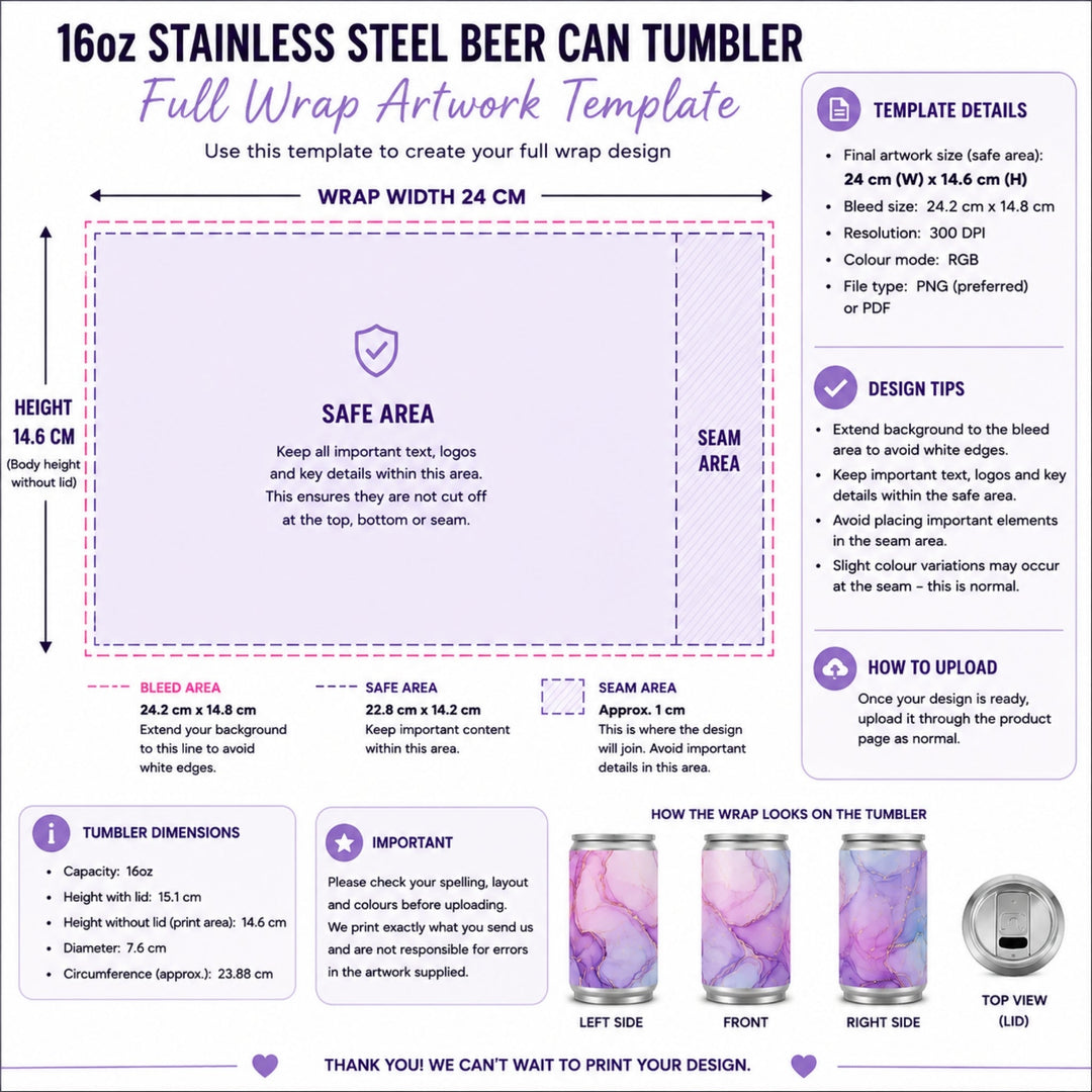 16oz stainless steel tumbler full wrap print your own design example