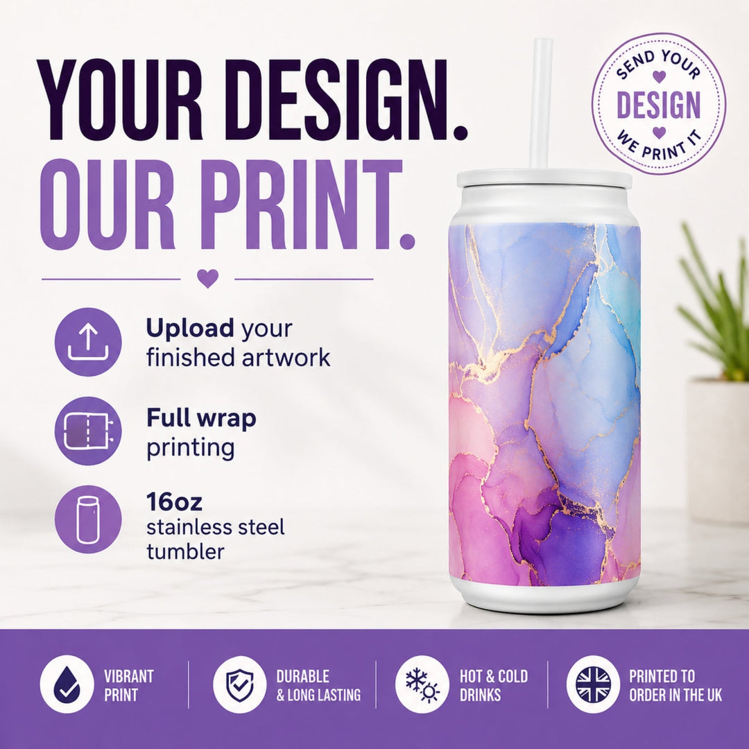 Custom 16oz stainless steel tumbler with full wrap upload your own design example