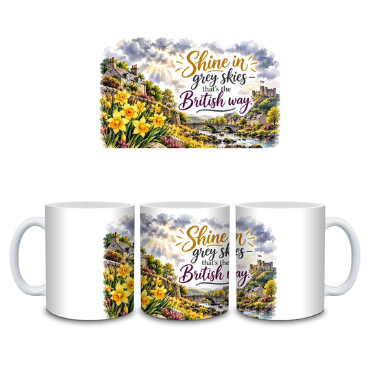 Shine in Grey Skies British motivational quote mug with Welsh daffodil artwork